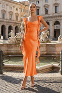 Pink - Sheath Cowl Neck Satin Pleated Formal Prom Dresses With Ruffles - KissProm