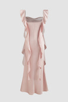 Majory | Pink - Sheath Cowl Neck Satin Pleated Formal Prom Dresses With Ruffles - KissProm