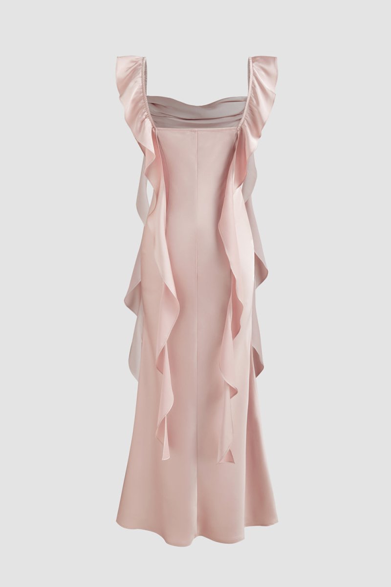 Majory | Pink - Sheath Cowl Neck Satin Pleated Formal Prom Dresses With Ruffles - KissProm