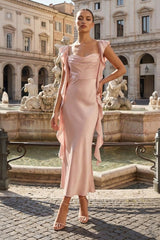 Pink - Sheath Cowl Neck Satin Pleated Formal Prom Dresses With Ruffles - KissProm