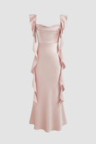 Majory | Pink - Sheath Cowl Neck Satin Pleated Formal Prom Dresses With Ruffles - KissProm