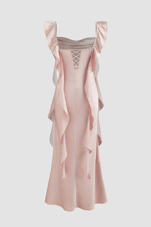 Pink - Sheath Cowl Neck Satin Pleated Formal Prom Dresses With Ruffles - KissProm