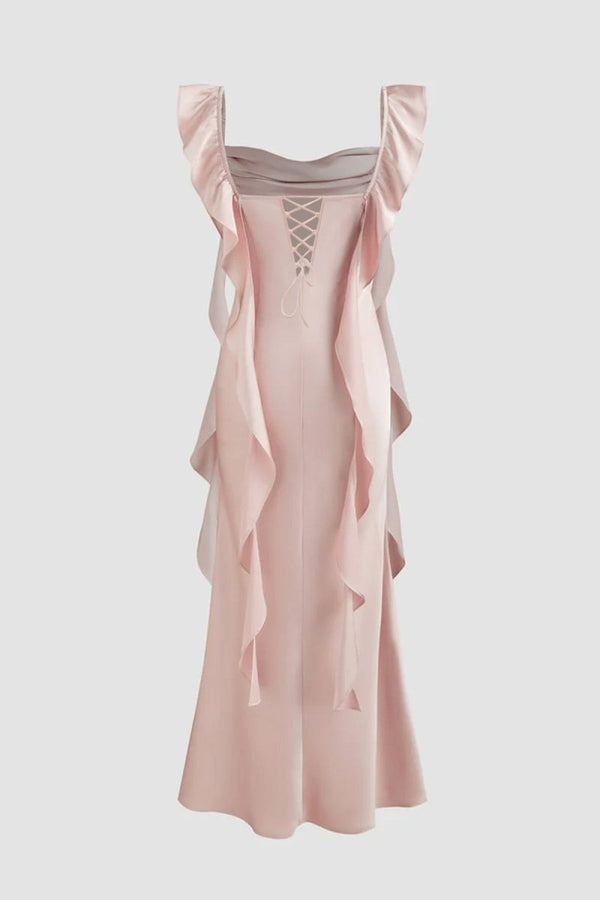 Pink - Sheath Cowl Neck Satin Pleated Formal Prom Dresses With Ruffles - KissProm