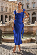 Pink - Sheath Cowl Neck Satin Pleated Formal Prom Dresses With Ruffles - KissProm