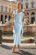 Pink - Sheath Cowl Neck Satin Pleated Formal Prom Dresses With Ruffles - KissProm