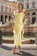 Pink - Sheath Cowl Neck Satin Pleated Formal Prom Dresses With Ruffles - KissProm