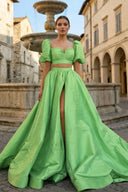 Green Two - Piece Puff Sleeves Long Prom Dress With Split - KissProm