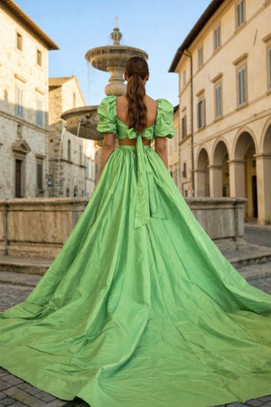 Green Two - Piece Puff Sleeves Long Prom Dress With Split - KissProm