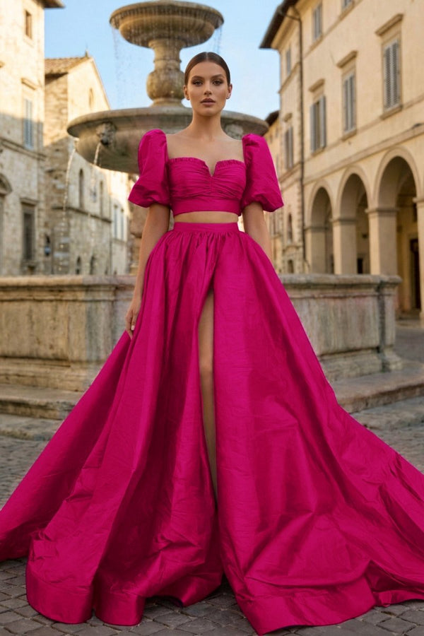 Green Two - Piece Puff Sleeves Long Prom Dress With Split - KissProm