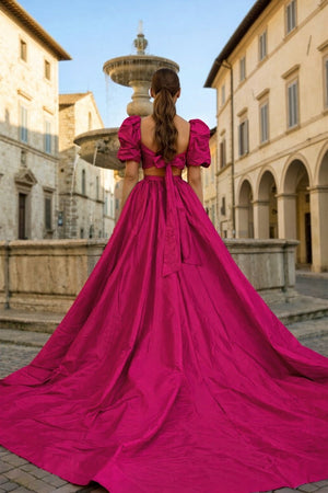 Green Two - Piece Puff Sleeves Long Prom Dress With Split - KissProm