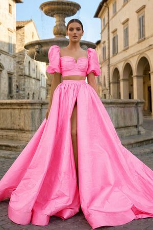 Green Two - Piece Puff Sleeves Long Prom Dress With Split - KissProm