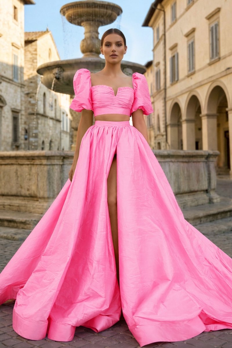 Green Two-Piece Puff Sleeves Long Prom Dress With Split, Pink / 00 / Taffeta Green Two-Piece Puff Sleeves Long Prom Dress With Split, Pink / 00 / Taffeta