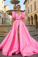 Green Two - Piece Puff Sleeves Long Prom Dress With Split - KissProm