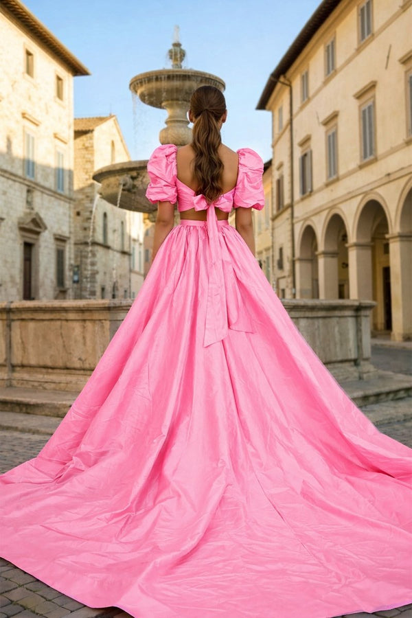 Green Two - Piece Puff Sleeves Long Prom Dress With Split - KissProm