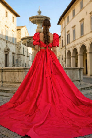 Green Two - Piece Puff Sleeves Long Prom Dress With Split - KissProm