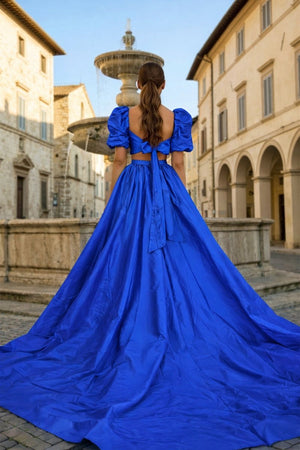 Green Two - Piece Puff Sleeves Long Prom Dress With Split - KissProm