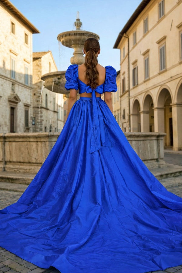 Green Two - Piece Puff Sleeves Long Prom Dress With Split - KissProm