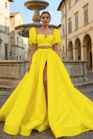 Green Two - Piece Puff Sleeves Long Prom Dress With Split - KissProm