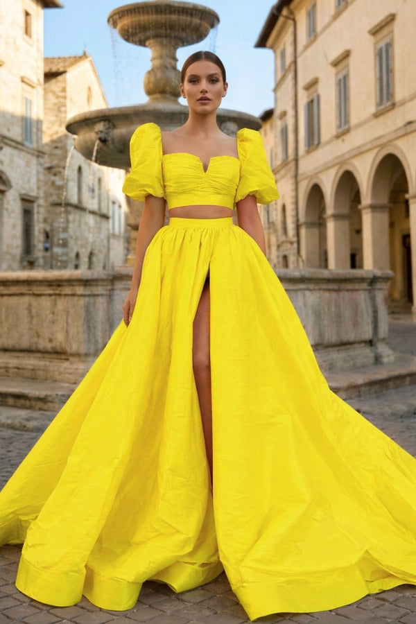 Green Two - Piece Puff Sleeves Long Prom Dress With Split - KissProm