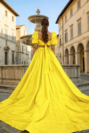 Green Two - Piece Puff Sleeves Long Prom Dress With Split - KissProm