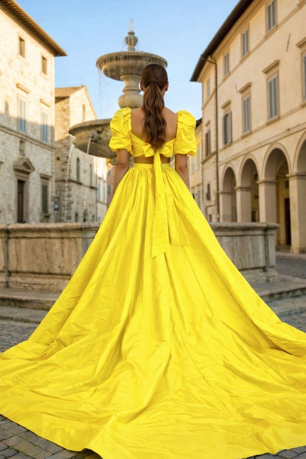 Green Two - Piece Puff Sleeves Long Prom Dress With Split - KissProm