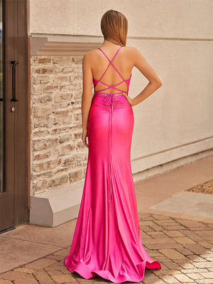Cute Mermaid Spaghetti Straps Hot Pink Satin Slit Prom Dress - KissProm