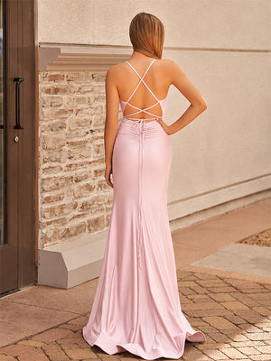 Cute Mermaid Spaghetti Straps Pink Satin Slit Prom Dress - KissProm