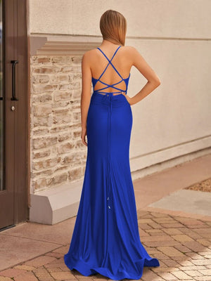 Mako | Cute Mermaid V Neck Blue Satin Slit Prom Dress