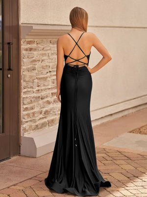 Mako | Cute Mermaid V Neck Blue Satin Slit Prom Dress
