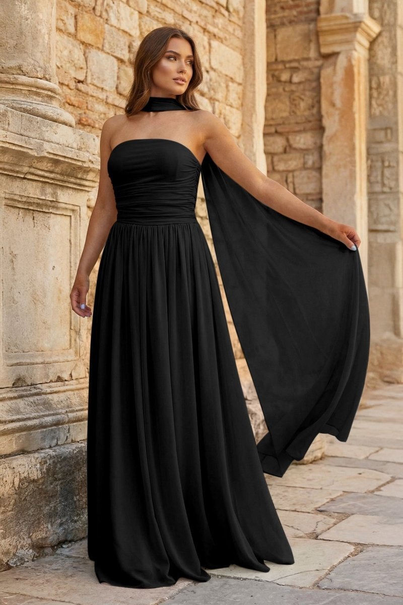 Sky Blue Strapless Chiffon Pleated A Line Long Prom Dresses With Scarf