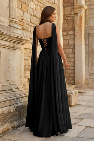 Sky Blue Strapless Chiffon Pleated A Line Long Prom Dresses With Scarf - KissProm