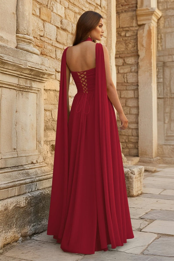 Sky Blue Strapless Chiffon Pleated A Line Long Prom Dresses With Scarf - KissProm