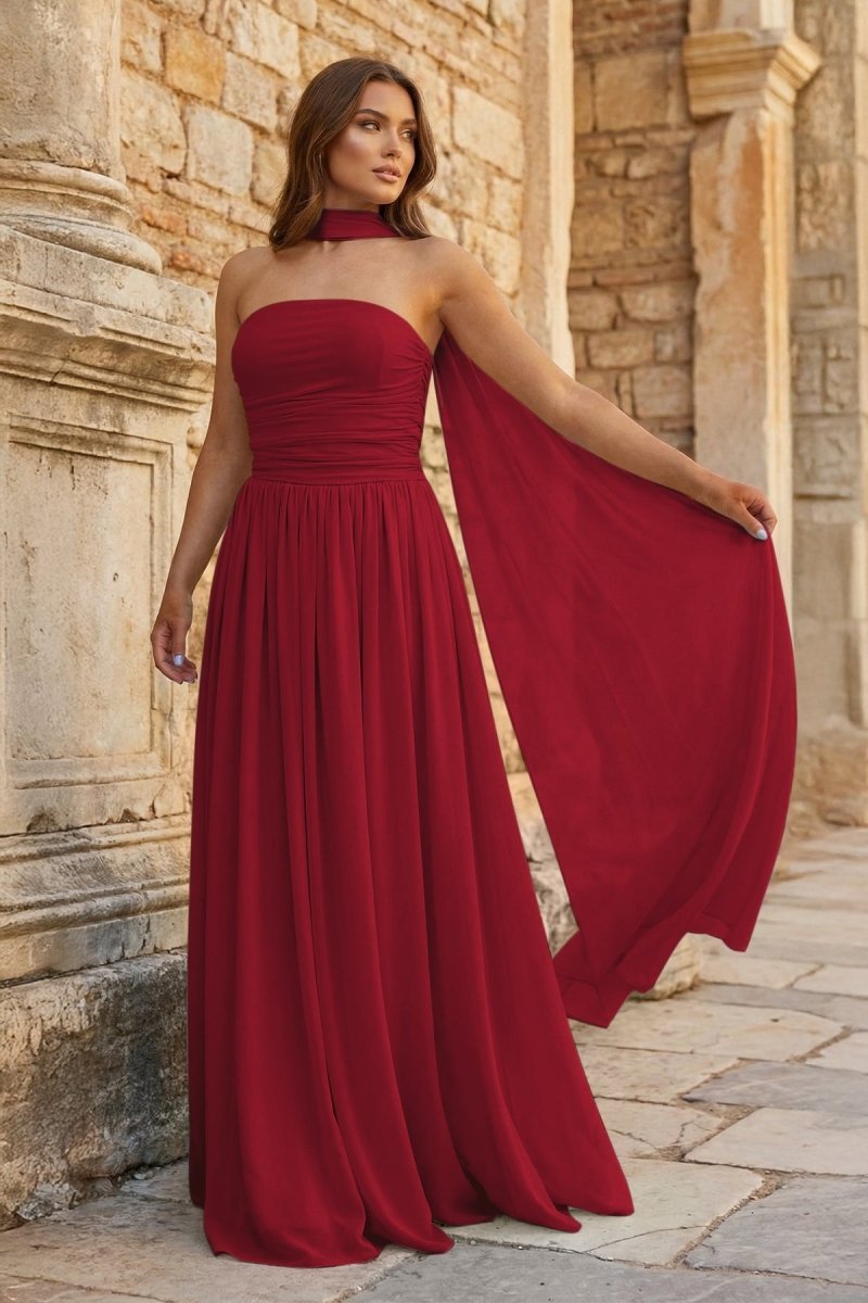 Sky Blue Strapless Chiffon Pleated A Line Long Prom Dresses With Scarf