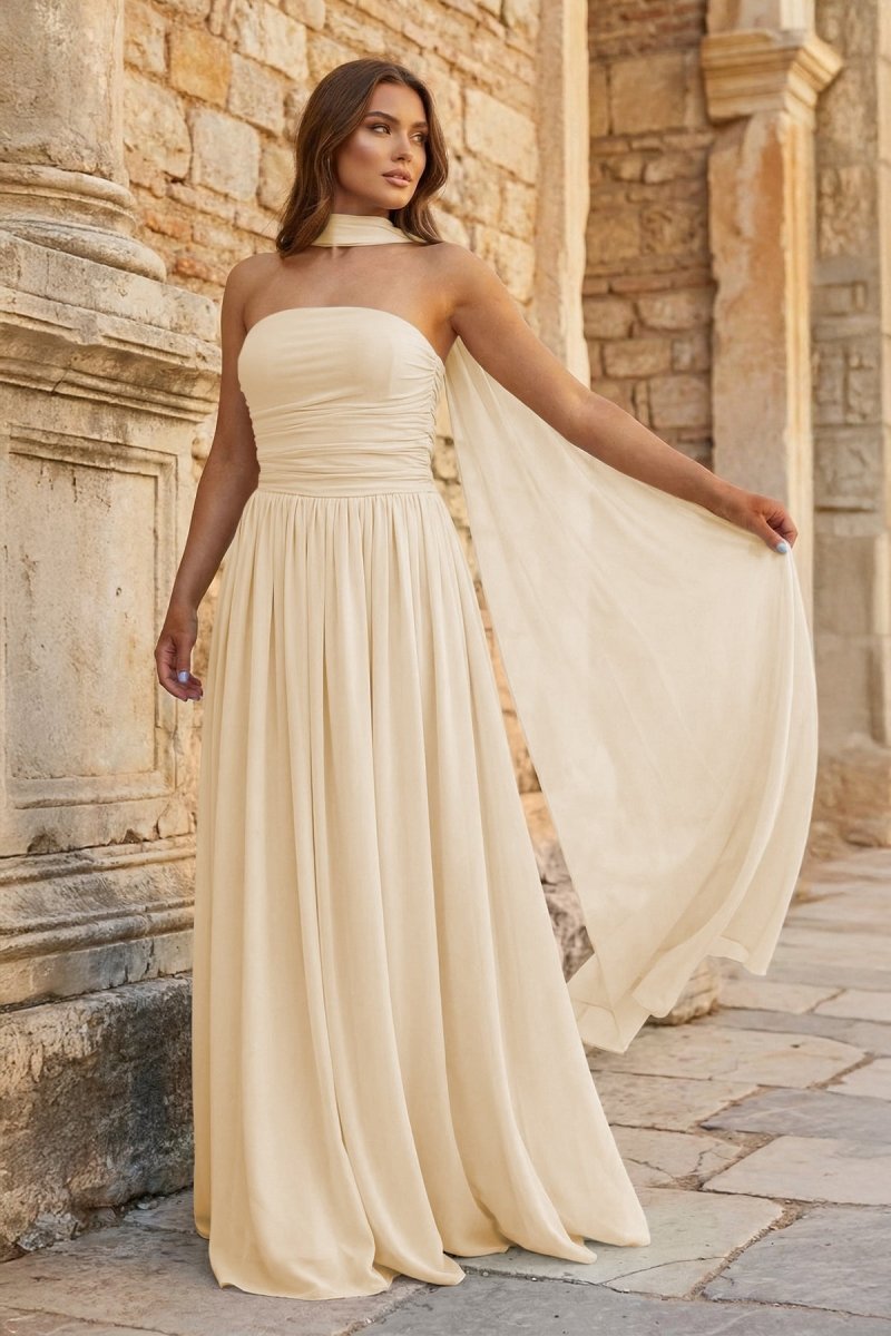 KissProm Sky Blue Strapless Chiffon Pleated A Line Long Prom Dresses With Scarf, Champagne / 2