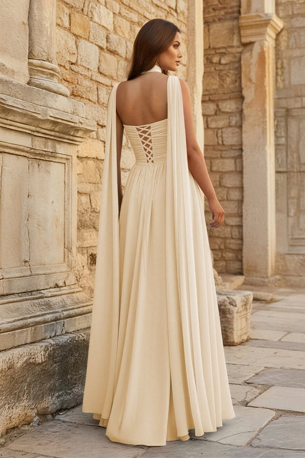 Sky Blue Strapless Chiffon Pleated A Line Long Prom Dresses With Scarf - KissProm