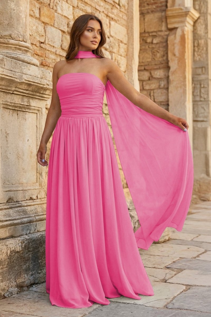 KissProm Sky Blue Strapless Chiffon Pleated A Line Long Prom Dresses With Scarf, Hot Pink / 8