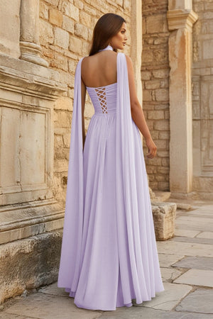 Sky Blue Strapless Chiffon Pleated A Line Long Prom Dresses With Scarf - KissProm