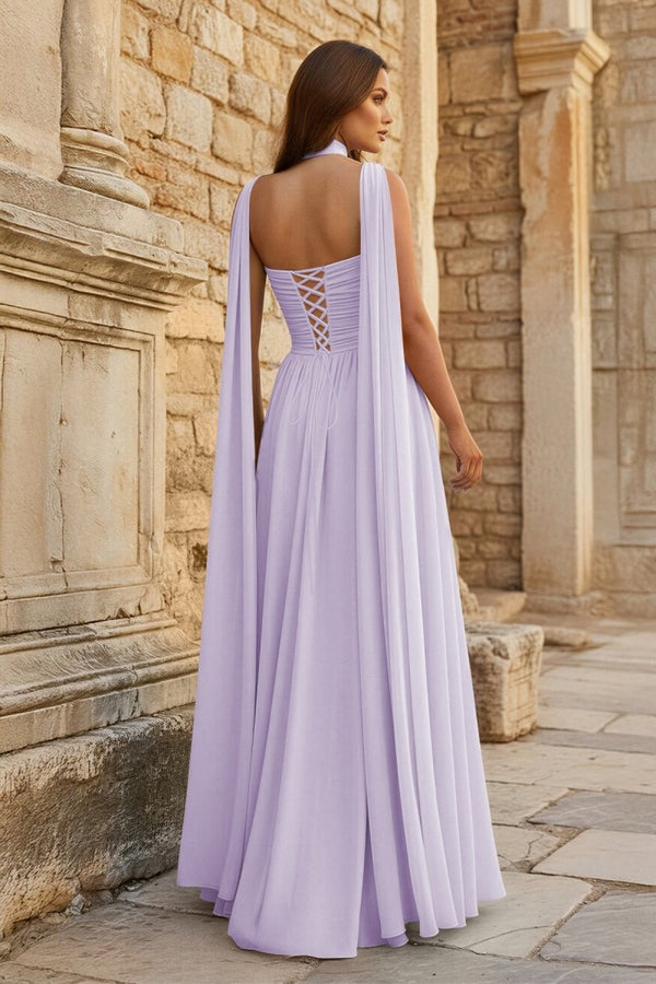 Sky Blue Strapless Chiffon Pleated A Line Long Prom Dresses With Scarf - KissProm