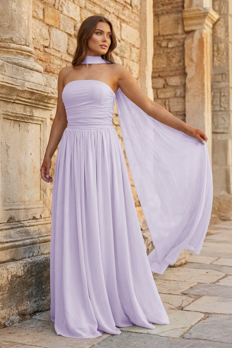 Sky Blue Strapless Chiffon Pleated A Line Long Prom Dresses With Scarf