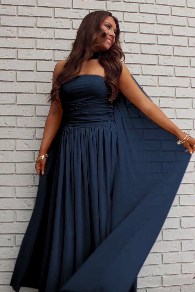 Mallory | Sky Blue - Strapless Chiffon Pleated A Line Long Prom Dresses With Scarf - KissProm