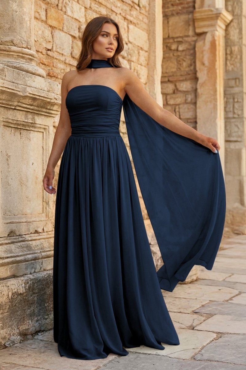 Sky Blue Strapless Chiffon Pleated A Line Long Prom Dresses With Scarf