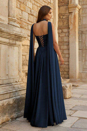 Sky Blue Strapless Chiffon Pleated A Line Long Prom Dresses With Scarf - KissProm