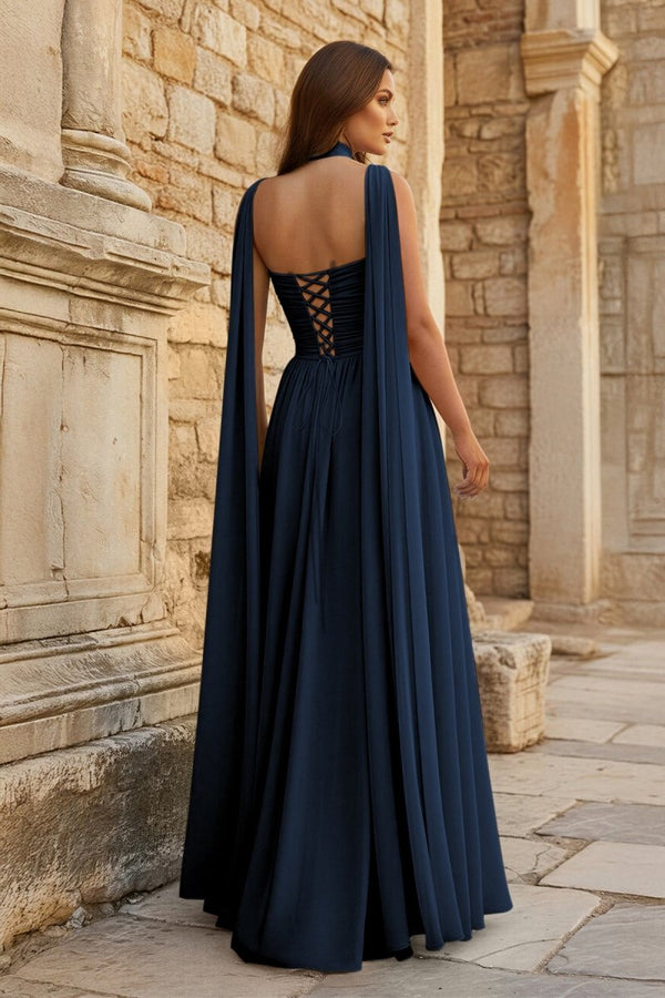 Sky Blue Strapless Chiffon Pleated A Line Long Prom Dresses With Scarf - KissProm