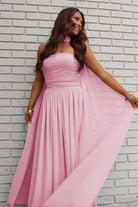 Mallory | Sky Blue - Strapless Chiffon Pleated A Line Long Prom Dresses With Scarf - KissProm