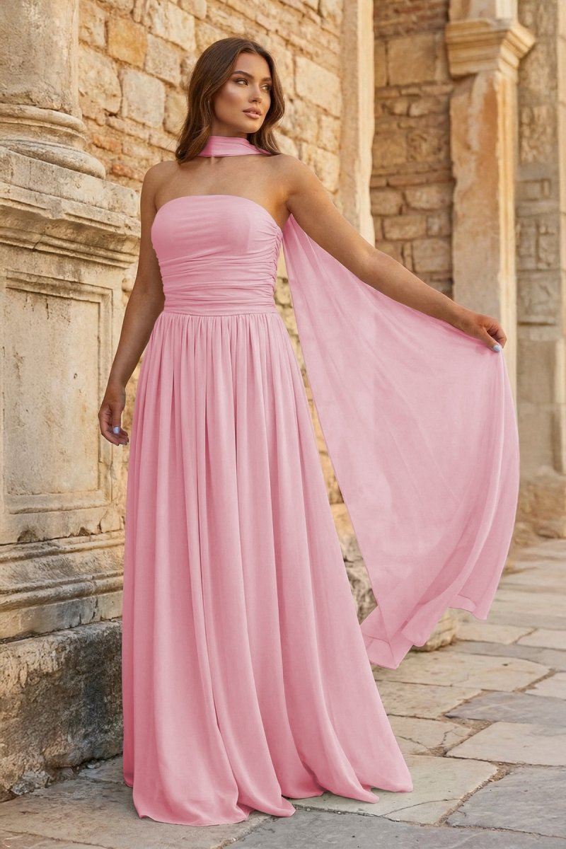 KissProm Sky Blue Strapless Chiffon Pleated A Line Long Prom Dresses With Scarf, Hot Pink / 8
