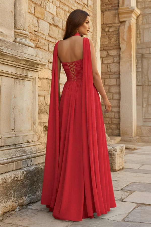 Sky Blue Strapless Chiffon Pleated A Line Long Prom Dresses With Scarf - KissProm