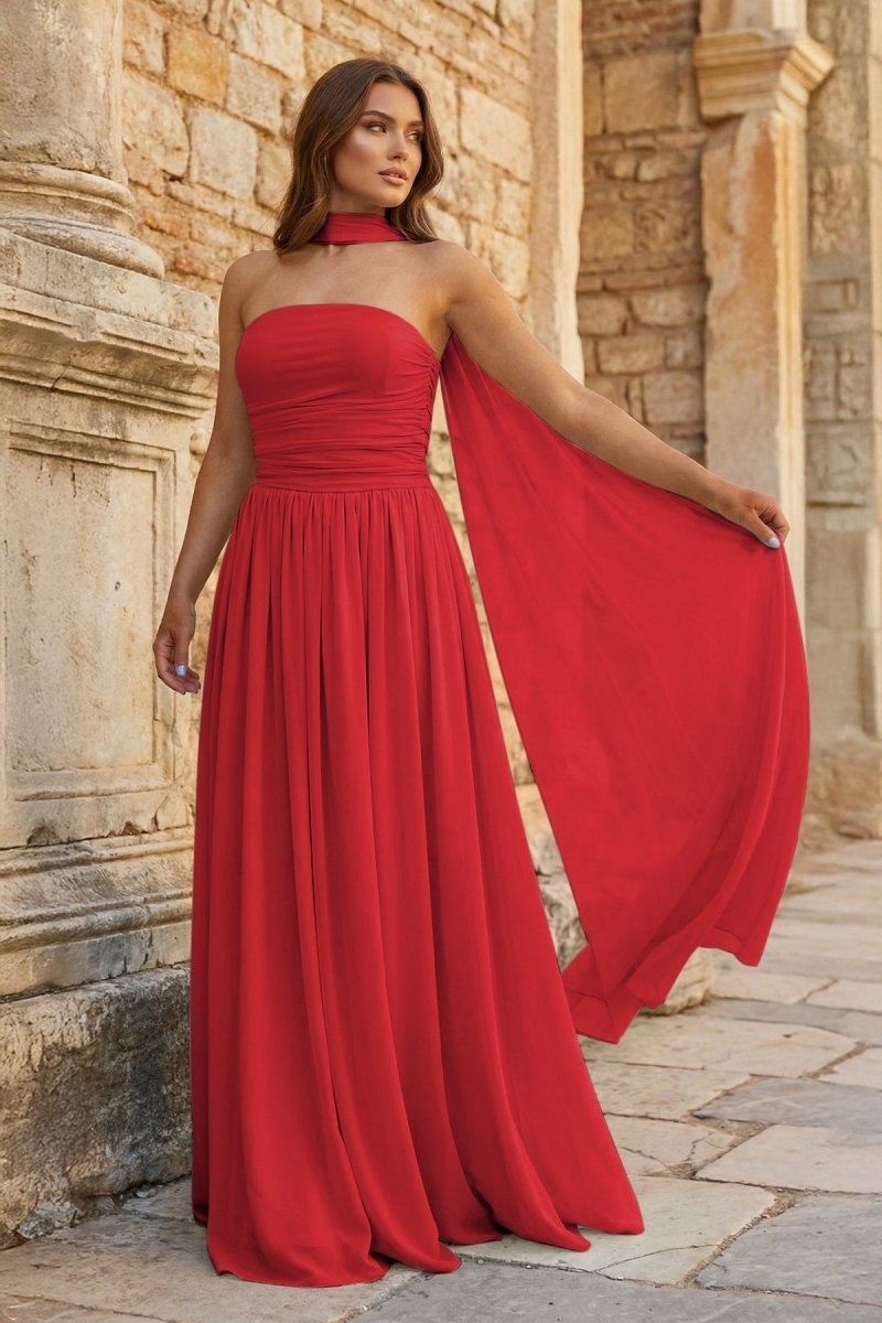 Sky Blue Strapless Chiffon Pleated A Line Long Prom Dresses With Scarf