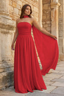 Sky Blue Strapless Chiffon Pleated A Line Long Prom Dresses With Scarf - KissProm
