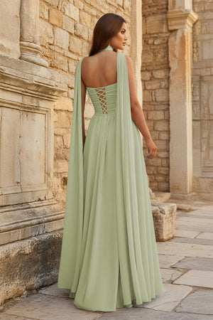 Sky Blue Strapless Chiffon Pleated A Line Long Prom Dresses With Scarf - KissProm