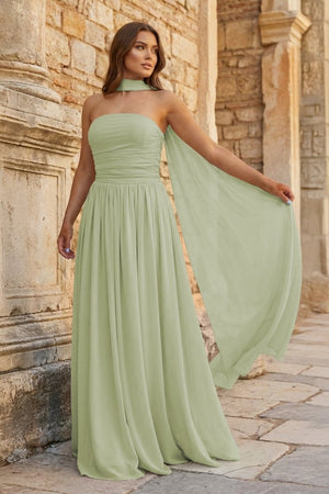 Sky Blue Strapless Chiffon Pleated A Line Long Prom Dresses With Scarf - KissProm